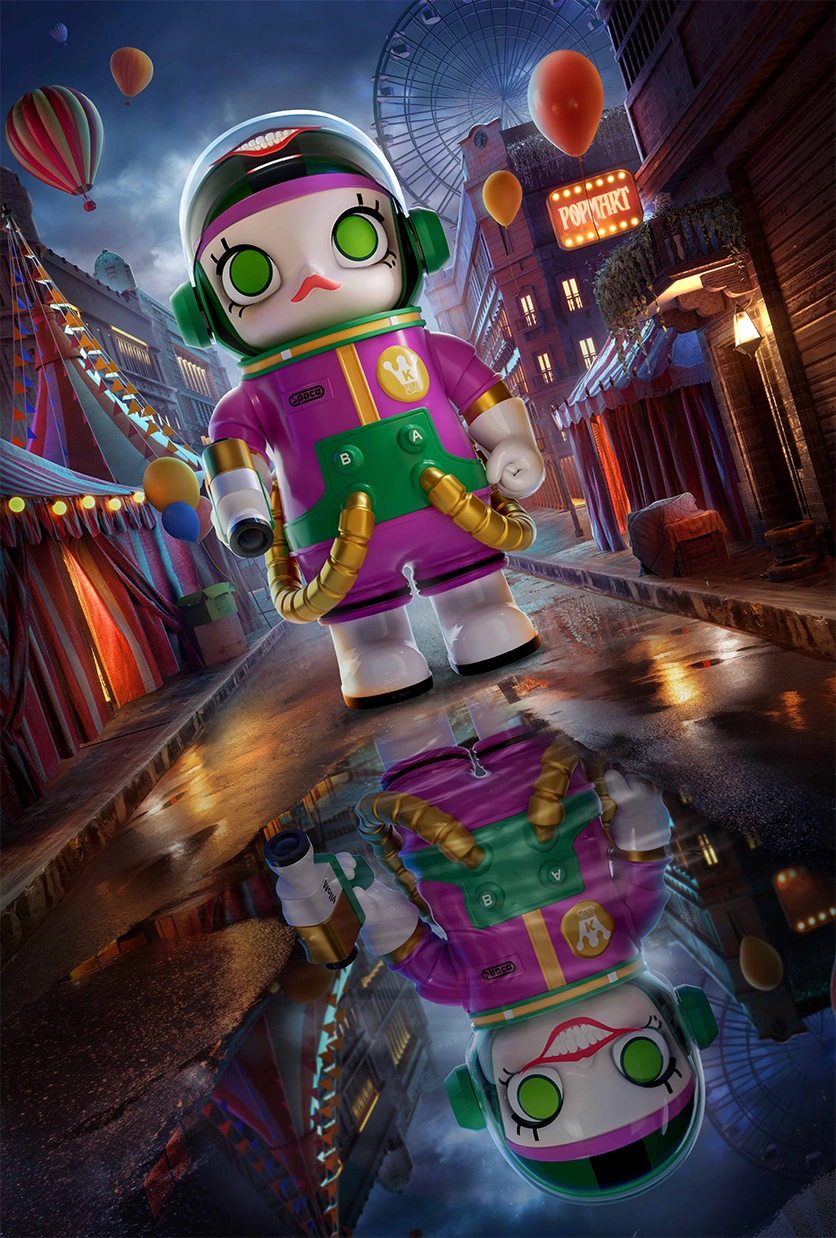 MEGA SPACE MOLLY 小丑系列成品海报：街区 · 霓虹与倒影